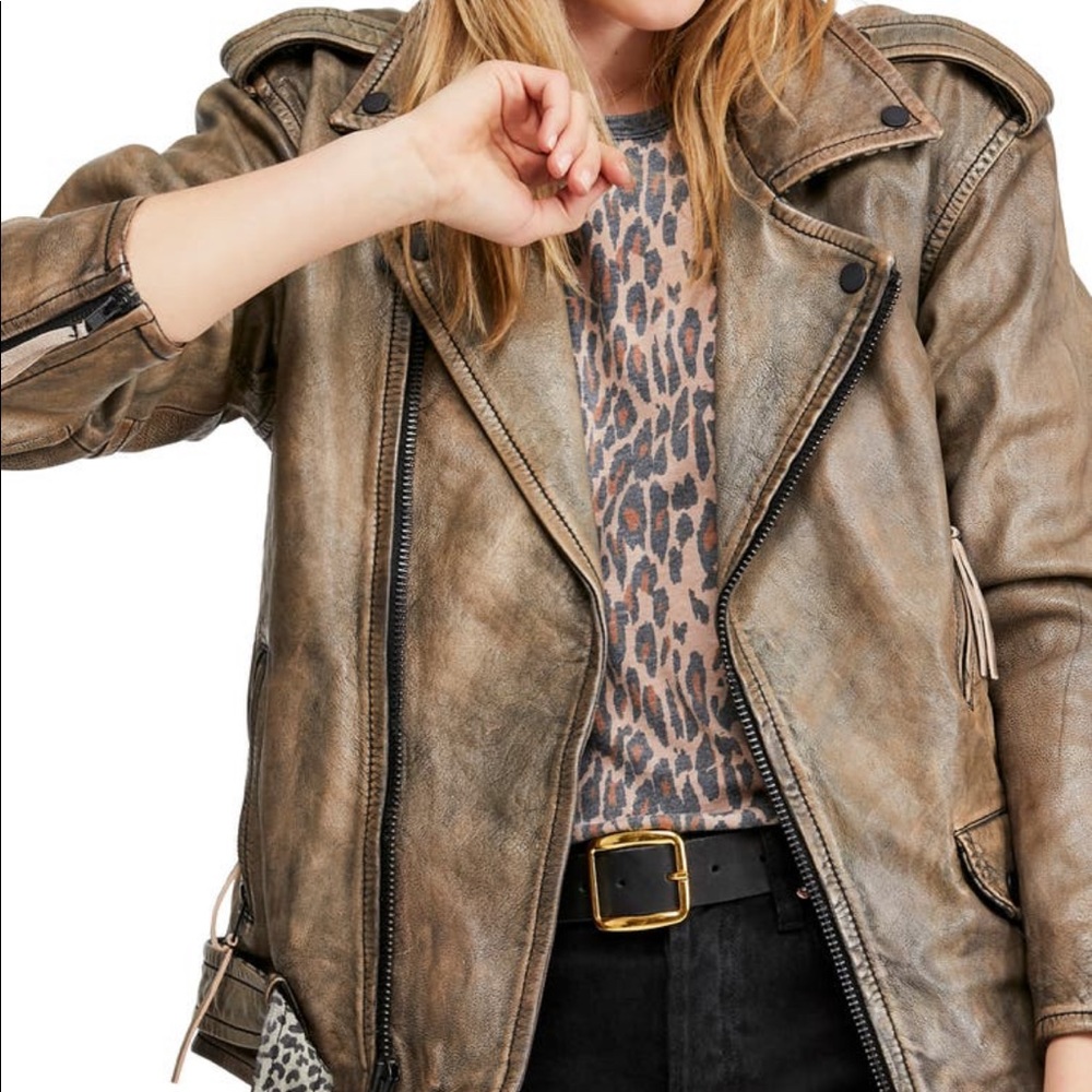 Free People We The Free Over You Brown Oversized Leather Leopard Moto Jacket - Picture 6 of 13